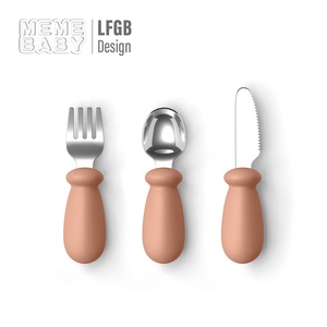 Cuchara para bebé, tenedor, cuchillo, juegos de <span class=keywords><strong>cubiertos</strong></span>, diseño de dibujos animados, mango de silicona, juego de alimentación para bebé, juego de cuchara y tenedor para niños de acero inoxidable - Product Image 1