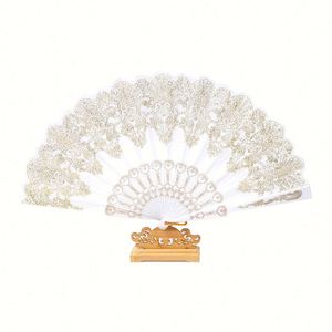 Abanico Plegable de Estilo Chino, Regalo Artesanal, Abanico de Plástico con Polvo Dorado, Abanico de Mano para Baile, Bodas y Fiestas - Product Image 4