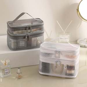 Sac de maquillage en maille double couche avec fermeture éclair Sacs de toilette de voyage Portable Cosmetic Bag Mesh Organizer - Product Image 5