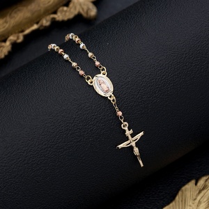 241193 Klassisches 14k Dreifarbig Vergoldetes Messing Kreuz Rosenkranz Religiöser Schmuck Jungfrau Maria Halskette & Armband Set für Herren - Product Image 3