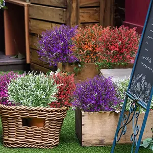 Buquê pequeno de flores de plástico lavanda artificial com 7 ramos, plantas de plástico para decoração de jardim e casa ao ar livre