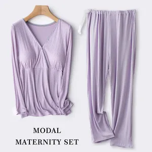 Monat tragen Frühling Front Crossover Stillen nach der Geburt Mutterschaft Fütterung Kleidung Tops Hosen Pyjamas Nighty Set für schwangere Frau