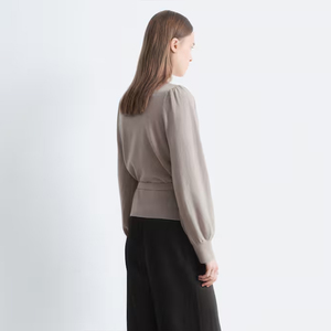Women's New Design 100% Merino Wool Knit Sweater <strong>Jumper</strong> V-neck <strong>Wrap</strong> Cardigan Sweater With Long Puff Sleeves - Product Image 6