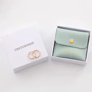 Pochette à bijoux en cuir PU vert personnalisé, sac d'emballage de bijoux avec collier à bouton Sanp, pochette à bague avec logo