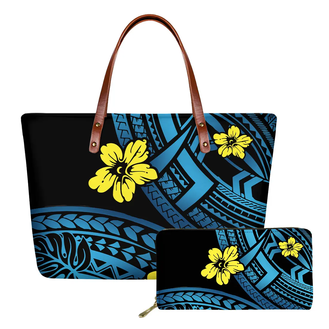Dropshipping Hawaii Polynesian Flower Blue Tribal Printed Women Handbags Top Handle The Tote Bag Purse Shoulder Handbag Set 2pcs