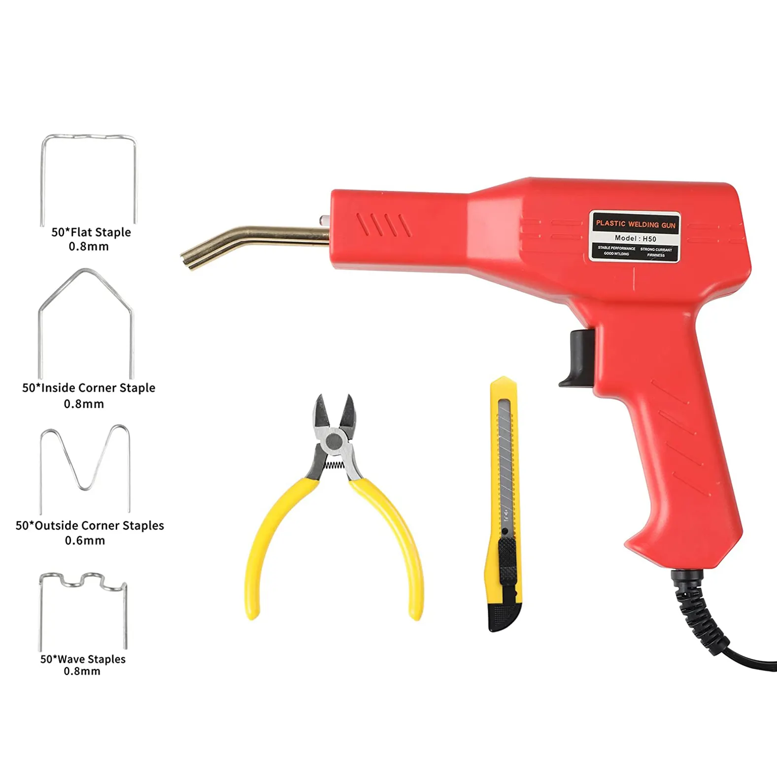 Kit d'outils de soudage avec agrafeuse à chaud 50W, pistolet de soudage en plastique avec 200 pièces, 4 Types d'agrafes pour le soudage et la réparation du plastique