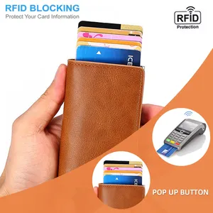 Free Sample RFID Popup PU Leather Multiple Slots Card Wallet Credit Card Holder With Metal Box
