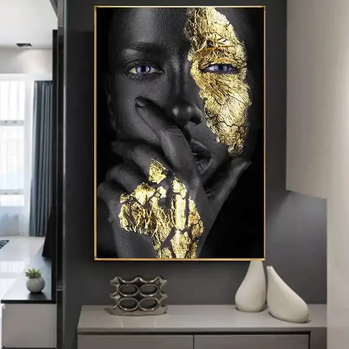 북유럽 캔버스 회화 벽 예술 포스터 아프리카 예술 흑인 남자와 금 여자 추상 그림