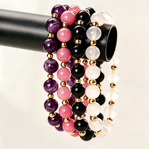 Wholesale Smooth 8mm Natural <strong>Crystal</strong> Stretch Bracelet Rose Quartz Onyx Stainless Steel Gold Plated Beaded Non Fade for <strong>Healing</strong> - Product Image 1