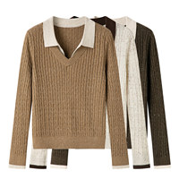Pull en tricot torsadé à col contrastant pour femme, pull tricoté moucheté à manches longues et col en V effet deux pièces pour l'automne 2609-33b
