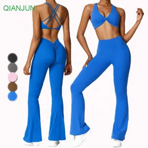 Fashion Nude Feeling Women Workout Yoga Set Scrunch Butt Leggings Sports Bra Fitness Gym Wear 2pcs Active Wear Set