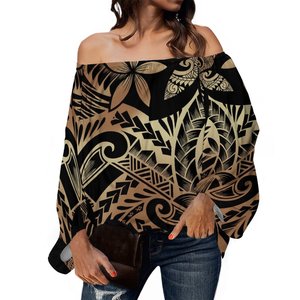 Usine en gros personnalisé Hibiscus fleur polynésienne Tribal imprimer une épaule hauts dames Blouses grande taille femmes Blouse - Product Image 5