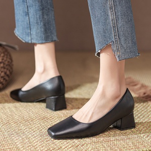 2022 New Women's <strong>Small</strong> Leather Shoes Plus Size 41 <strong>Black</strong> Square Toe Shallow Thick <strong>Heel</strong> PVC High Spring Work Shallow Thick <strong>Heel</strong> - Product Image 5