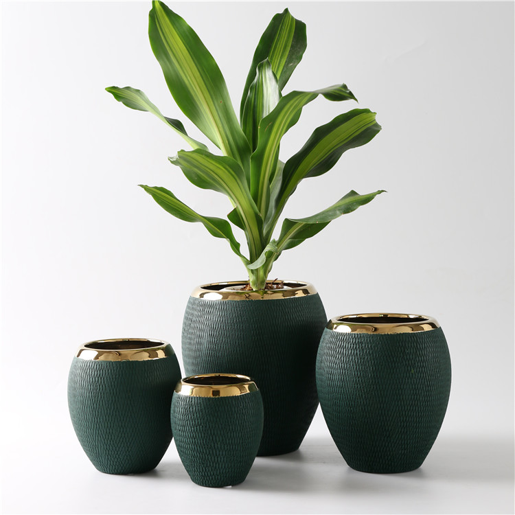 Maceta decorativa de lujo moderna para interiores y exteriores, macetas de cerámica chapadas en oro para plantas