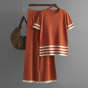 Women's Casual Summer High Waist Slim Pants Set Short Sleeve Knitwear Top with Contrast Stripe-Comfortable & Stylish - Product Image 4