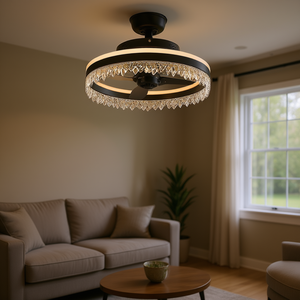 Ventilateur de plafond LED moderne de 16 pouces, design en fer noir et cristal, intensité variable, télécommande, montage encastré, salon - Product Image 2