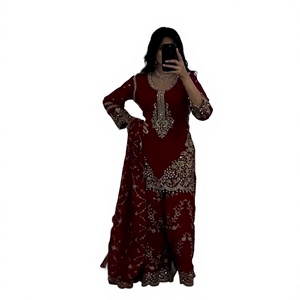 Conjunto de Kurta Tradicional Indio-Pakistaní para Mujer, de Piel Sintética de Secado Rápido, Largo Regular, Corte Regular, Color Rojo Oscuro con Relieve, para Fiestas - Product Image 1