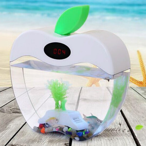水槽 USB ミニ水槽 アップルフィッシュタンク LEDライト付き LCDディスプレイと時計付き 魚タンク装飾 - Product Image 2