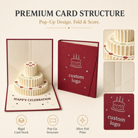 Carte de vœux pop-up à trois niveaux Gotop Eco Friendly avec pliage et rainurage de précision, papier cartonné rouge foncé, emballage personnalisé avec logo
