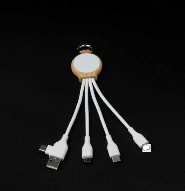 GRS Charging Sets Light 16.5CM 6in1 Bamboo KeyChain Cable Eco-Friendly Business Gift for Christmas Type-C/Micro/6-Pin CE