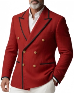 Blazer <span class=keywords><strong>Homme</strong></span> en Denim Texturé Rouge de Luxe, Double Boutonnage, Passepoil Noir, Boutons Dorés Élégants, Coupe Slim, Idéal pour Soirées Printanières - Product Image 3