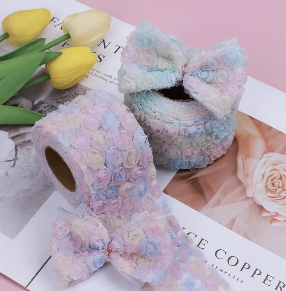 ZSY 3D şifon gül çiçek işlemeli dantel Trim şerit kumaş Diy dikiş zanaat düğün gelin dekorasyon için