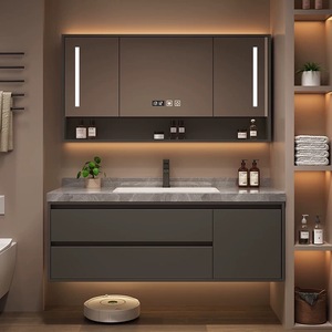 Ensemble de meuble-lavabo de salle de bain de style américain moderne et luxueux préfabriqué avec miroir intelligent, finition laquée, construction en MDF, montage mural - Product Image 2