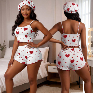 Conjunto de Pijama de 2 Peças com Estampa de Corações Multicoloridos, Camisola Cropped com Alças Finas e Shorts, Combinando com Touca para Cabelo, Lingerie Feminina - Product Image 1