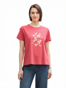 T-shirt en coton imprimé floral rose pour femme, col rond, manches courtes, haut décontracté d'été - Product Image 1