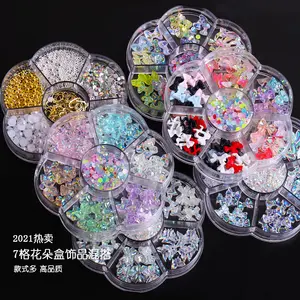Kit de amuletos para unhas em resina mista 3D, 7 grades, bownot/urso/pirulito, decoração em caixa para nail art, prensa profissional em decoração de manicure Kawaii