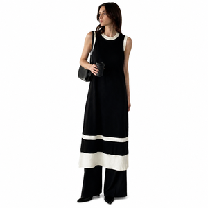 Robe longue minimaliste sans manches pour femme, col rond, couleur contrastante, coupe ample, noir et blanc, toutes saisons, respirante, tissée - Product Image 1