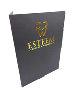 Carpeta de presentación negra con 2 bolsillos, estampado dorado y plateado, talla de la letra estadounidense