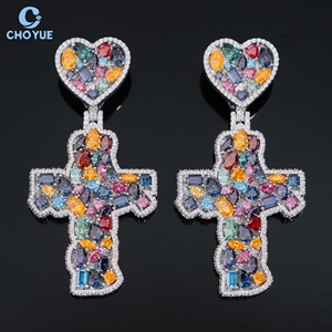 925 <b>Silver</b> Cross Pendant With Heart Top Colored Moissanite Iced Out Luxury Women's Religious Jewelry Party <b>Charm</b> - Product Image 1
