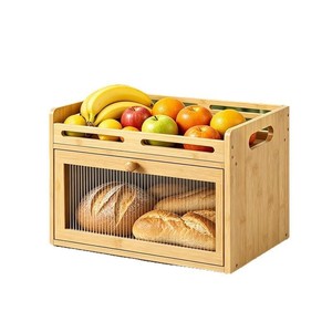 Boîte à pain en bambou avec couvercle rabattable et porte en acrylique, conteneur de rangement pour fruits sur comptoir de cuisine, pour l'organisation des aliments frais - Product Image 1
