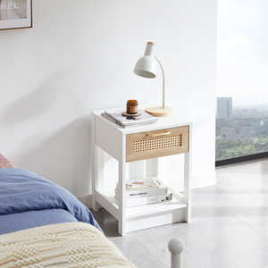 Rattan End Table With <b>Drawer</b> Modern Nightstand White <b>Side</b> Table For Bedroom Living Room - Product Image 6