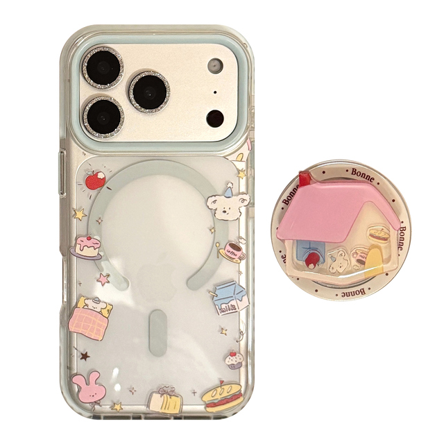 Clear Cute Cartoon Print Shockproof TPU+PC Phone Case for IPhone17/16/15/14/13/12Pro Max with 3D Pink House Magnetic Stand