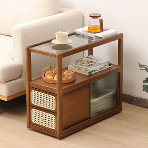 Meuble d'appoint de canapé en bois massif avec plateau en verre et étagères de rangement avec tiroirs, mobilier de salon - Product Image 2