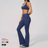 Set Yoga Flare Grosir 2 Potong, Bra Olahraga Halter Neck, Legging Pinggang Tinggi, Logo Custom, Pakaian Olahraga, Set Gym untuk Wanita, OEM
