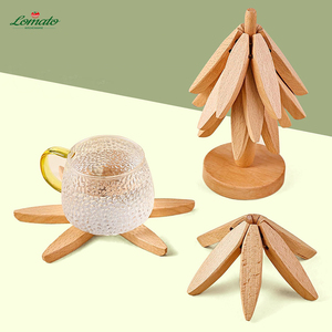 Forma de árbol 4 salvamanteles de madera Posavasos para bebidas resistentes al calor con soporte Portavasos de madera para almacenamiento en el hogar - Product Image 4