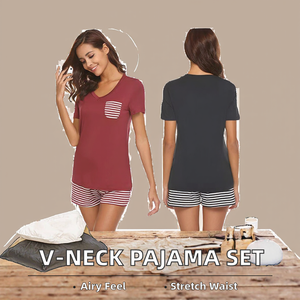 Conjunto de pijama de algodón para mujer, cuello en V, rayas, manga corta, ropa de dormir de verano elegante para otoño y primavera - Product Image 2