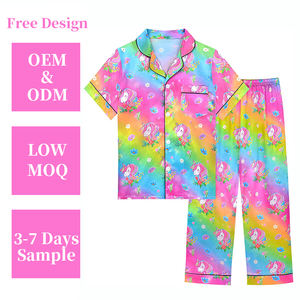 طقم بيجامات للفتيات حريري قوس قزح يونيكورن ملابس نوم قصيرة الأكمام بنطال طويل جامي للأطفال الصغار - Product Image 1