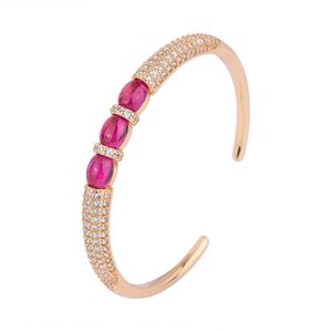 Fashion Jewelry Eco-friendly <b>Copper</b> Statement 6*8mm Red Corundum Zircon Gold Plated Cuff <b>Bangle</b> Women for Daily Wear - Product Image 1