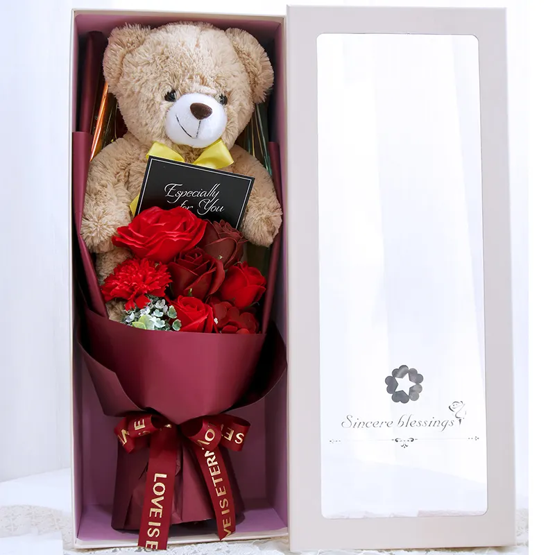 กล่องใส่สบู่ประดิษฐ์รูปกุหลาบยาว50ซม. กล่องใส่ของขวัญรูปหมีกำมะหยี่ลายดอกไม้หรูหรา