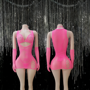 Conjunto de 4 piezas de falda ajustada con diamantes de imitación y malla transparente, ropa de baile exótica para espectáculos en el escenario. - Product Image 1