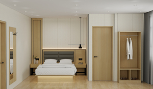 Juego de Muebles de Dormitorio de Hotel Moderno y Económico de 3 Estrellas, Cama de Madera Maciza con Cabecera Tapizada, Armario, Muebles para TV y Mesitas de Noche - Product Image 3