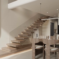 Vente en gros de bandes de roulement d'escalier flottantes droites en acier pour intérieur, design moderne, en bois massif, en verre trempé, marches d'escalier transparentes en verre