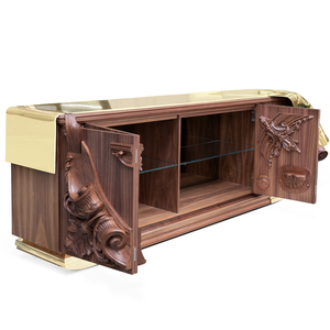 <span class=keywords><strong>Credenze</strong></span> Contemporanee in Stile Moderno e Lussuoso per Soggiorno, con Porte in Noce Intagliate a Mano e Mobile Contenitore in Ottone Lucido - Product Image 4