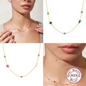 热卖女式精品珠宝绿色粉色白色锆石925纯银项链