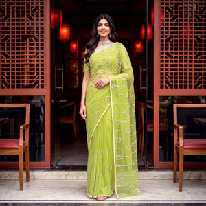 Sari en résille vert lime pour femme, longueur ras du sol, brodé, transparent, élégant, pour soirée, en stock - Product Image 1