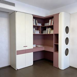 Meuble de rangement pour chambre à coucher, blanc crème, rose Morandi, coins arrondis, poignées invisibles, découpes circulaires, parent-enfant - Product Image 2